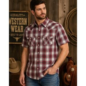 American Eagle Western Pearl Snap‎ Shirt Mens L Plaid Short Sleeve Cowboy Rodeo